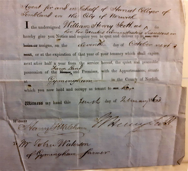 Notice from Harriot Collyer to John Waterson to quit on 11th November 1863