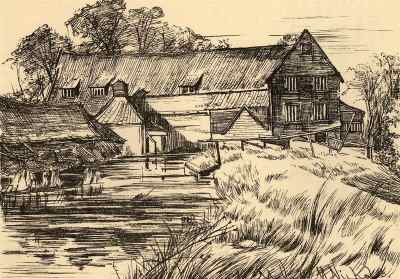 Drawing of the mill dam by Catherine Maude Nichols c.1886