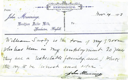 Memo written by John Munnings 4th March 190