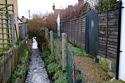 The beck to the rear of the buildings - January 2003