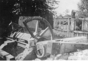 Remains of waterwheel axle and upright shaft in 1949
